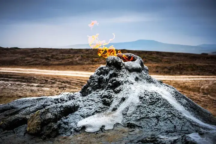 A burning gas vent on a mud volcano near Gobustan, Azerbaijan