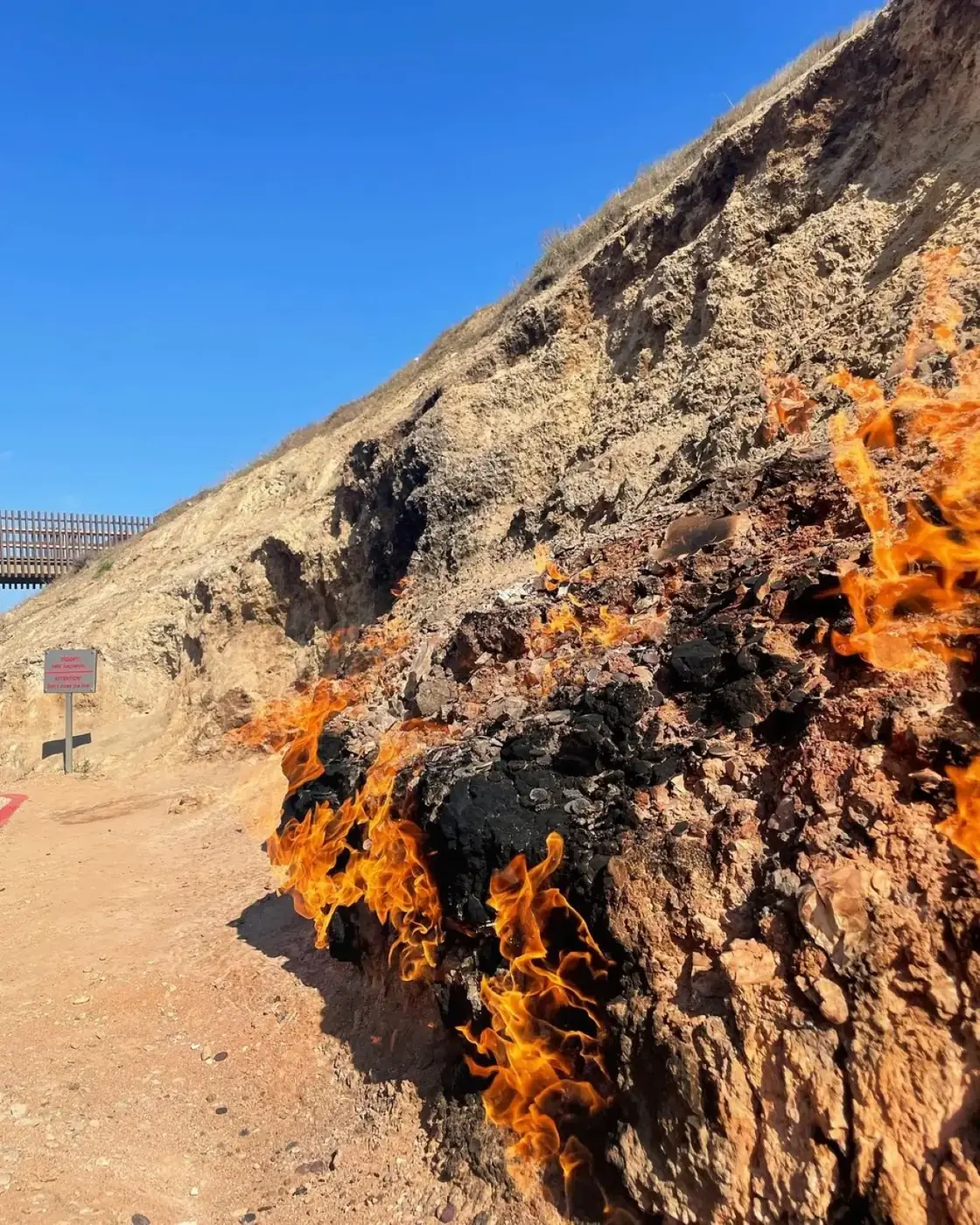 Natural gas flames on the hillside at Yanar Dag on the Absheron Peninsula
